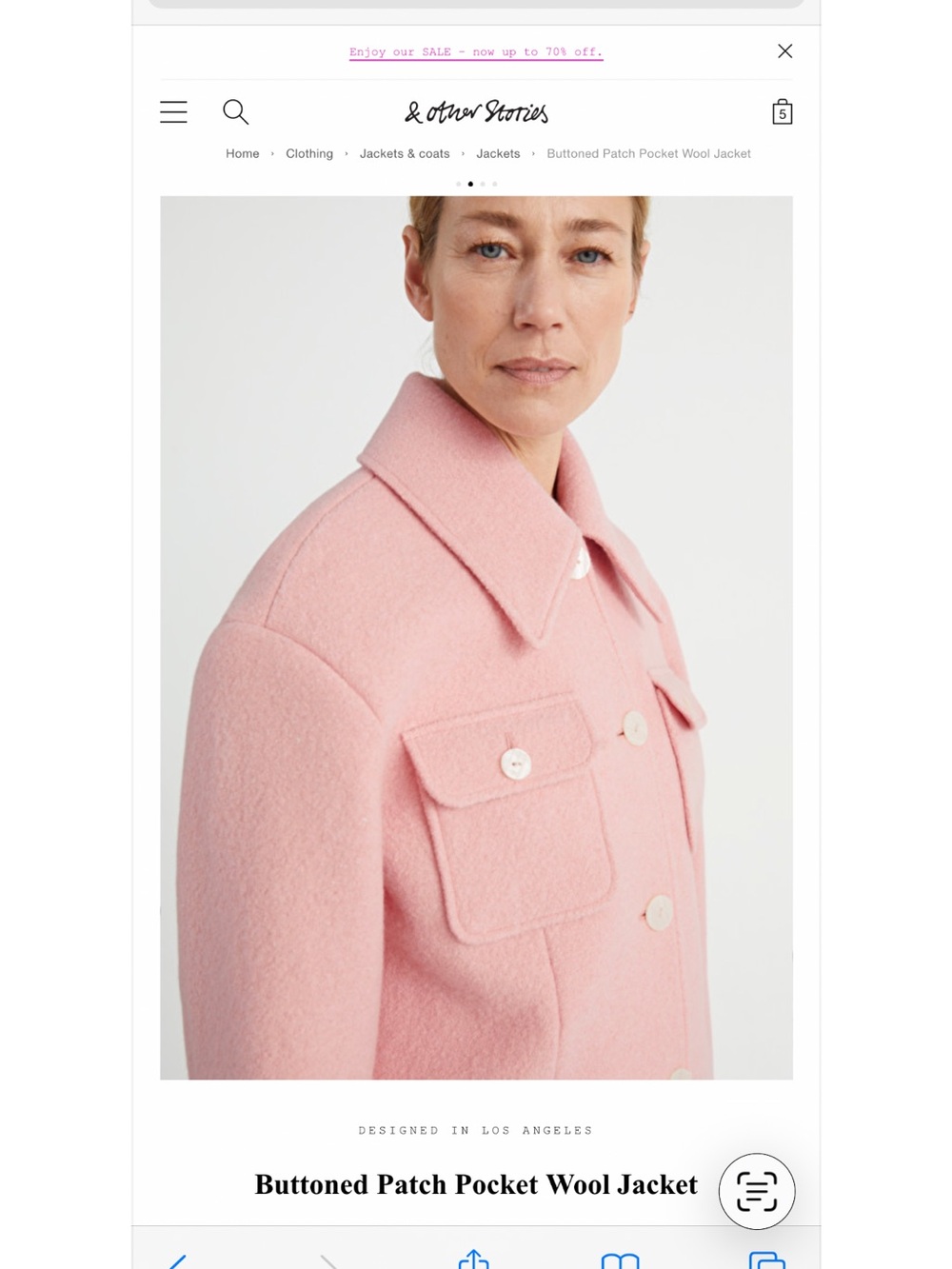 & Other Stories Pink Buttoned Patch Pocket Wool Jacket Size 4